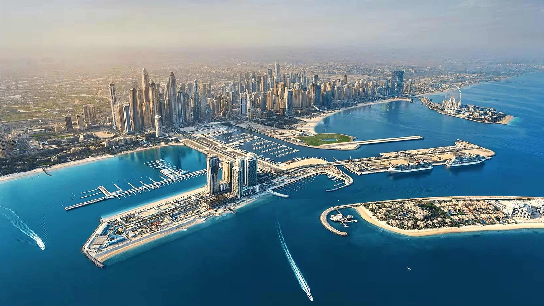 Toàn cảnh Dubai Harbour với bến du thuyền và các công trình ven biển