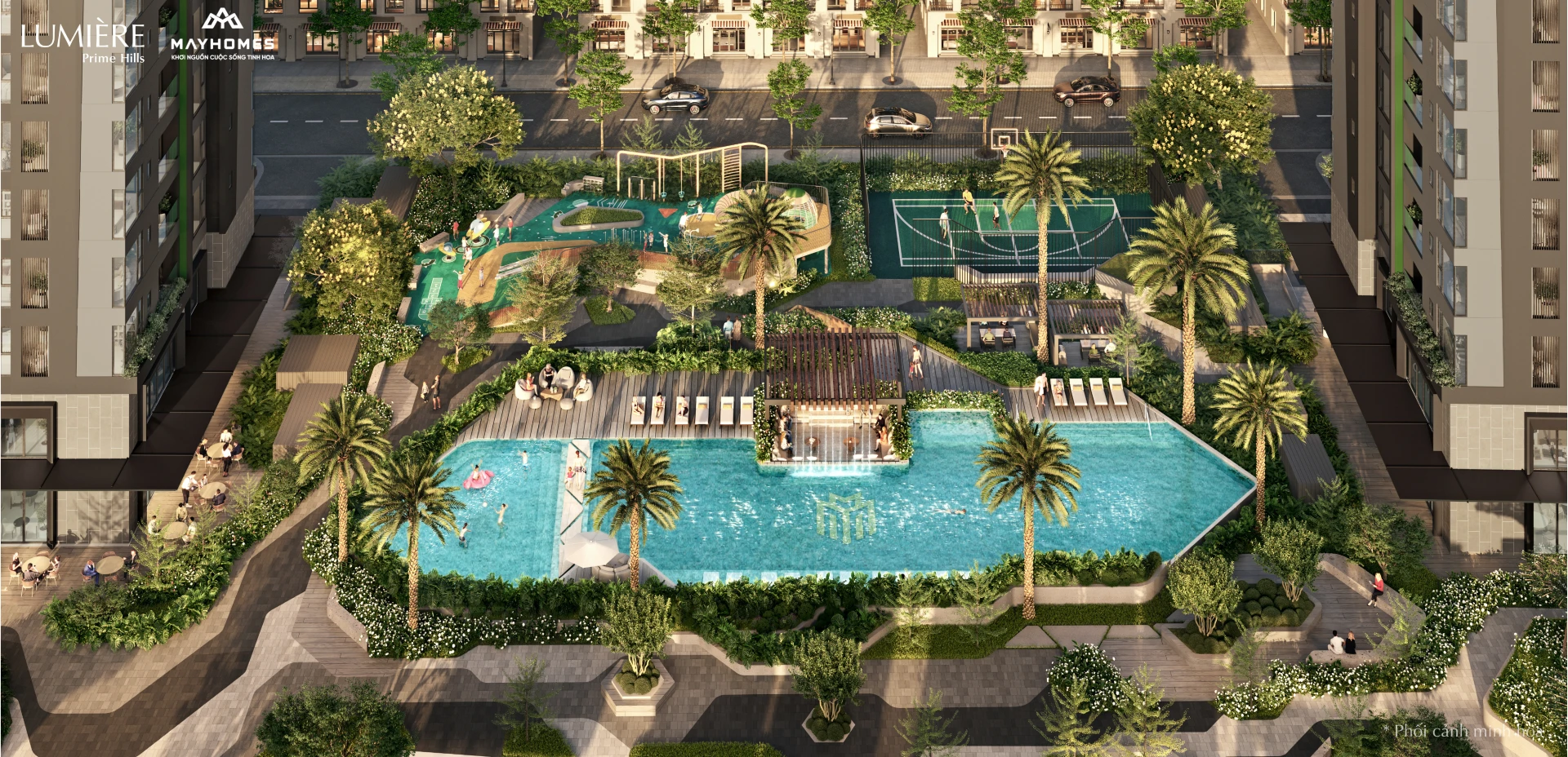 Hệ cảnh quan Biophilic và tiện ích đa tầng phục vụ cư dân hai tháp Skyline, CityLine tại LUMIÈRE Prime Hills.