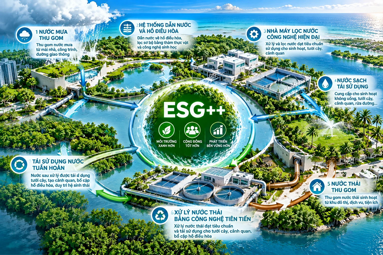 Sơ đồ AI chu trình tuần hoàn khép kín nước mưa và nước thải tại đô thị ESG++ Vinhomes Green Paradise Cần Giờ