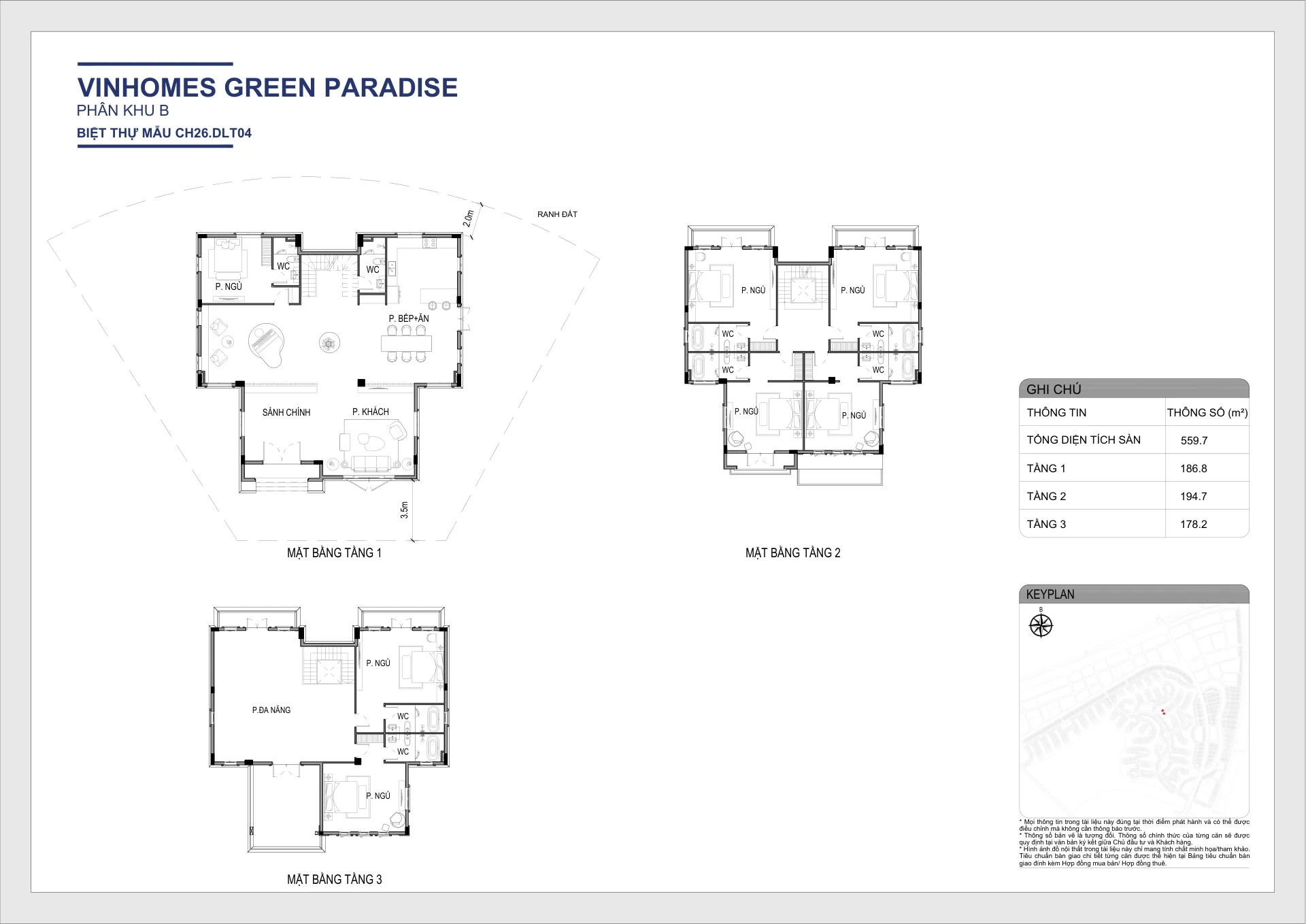 Bản vẽ biệt thự đơn lập CH26.DLT04 ba tầng tổng sàn 559,7m2 tại Vịnh Ngọc Green Paradise