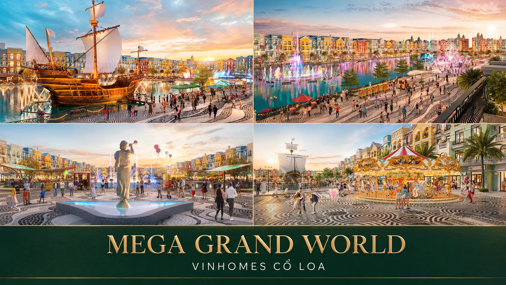 Mega Grand World Vin Cổ Loa được tổ chức quanh hồ cảnh quan 1,7 ha với quảng trường, nhạc nước và dãy phố phong cách Venice.