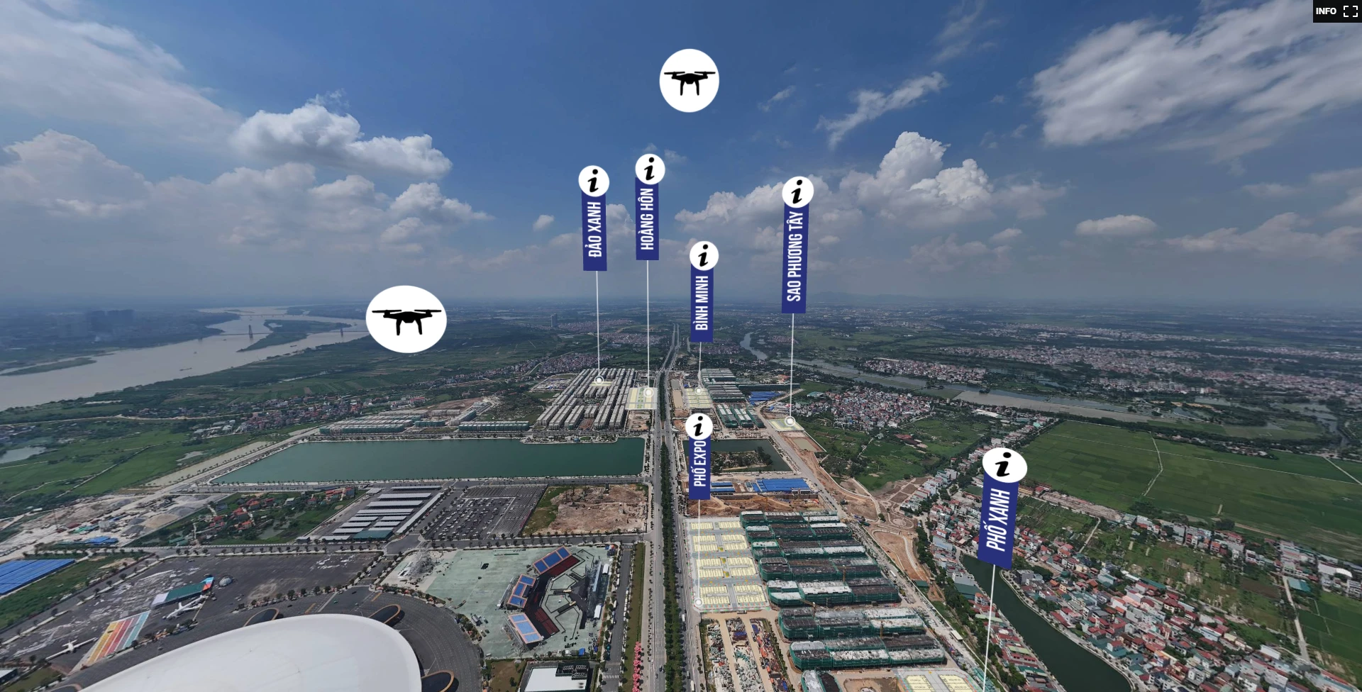 View flycam 360 Vinhomes Global Gate Cổ Loa hướng cầu Nhật Tân với các khu Đảo Xanh Hoàng Hôn Bình Minh Phố Expo và Phố Xanh