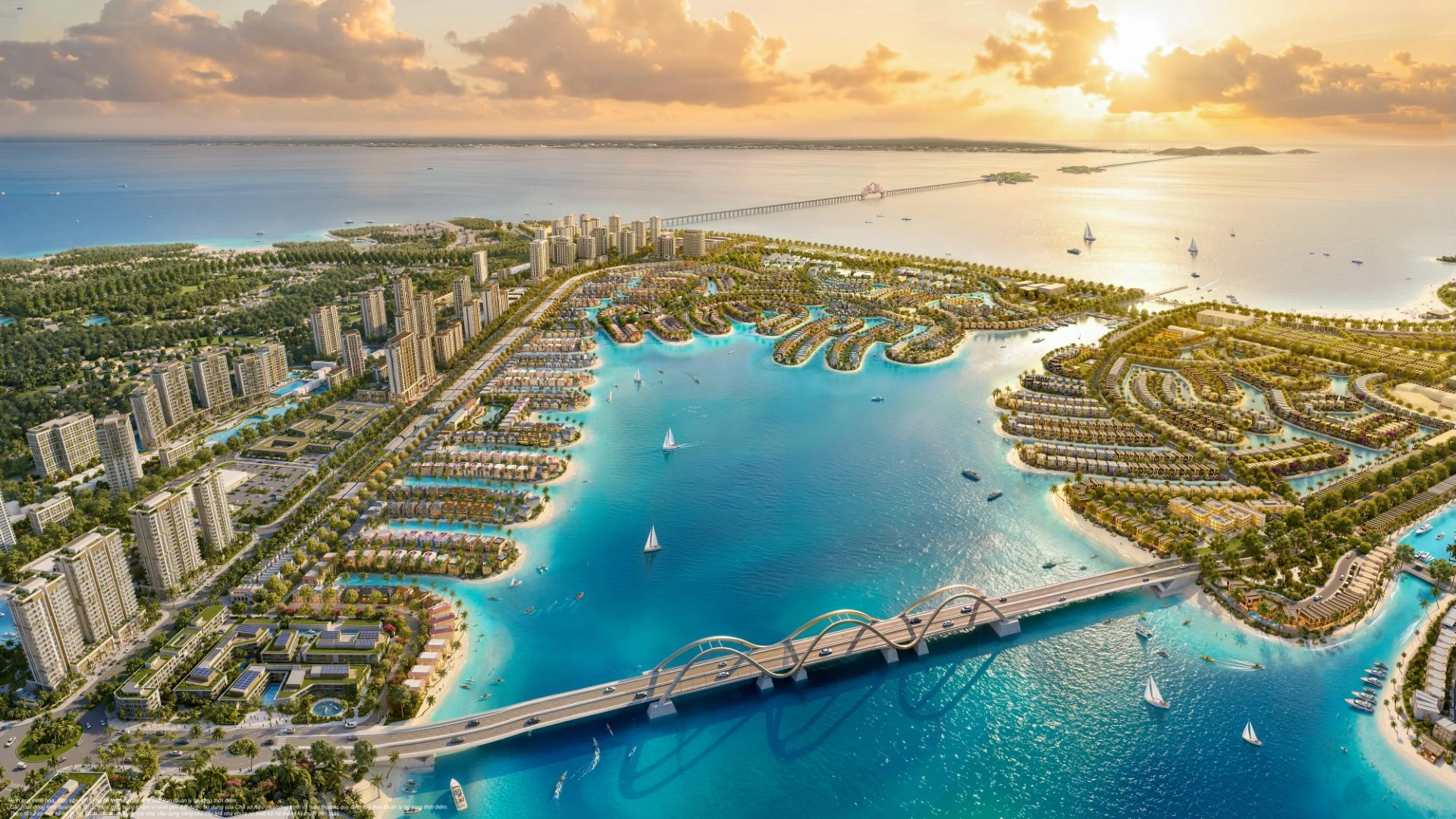 View từ trên cao Vịnh Ngọc Vinhomes Green Paradise toàn cảnh hồ cầu và cụm nhà cao tầng