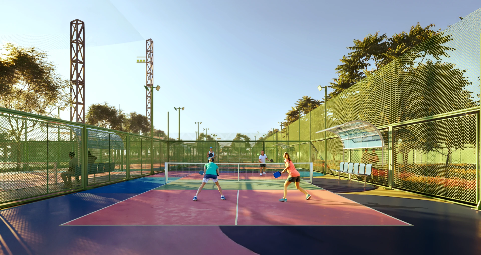 Khu phức hợp sân bóng rổ ngoài trời, sân tennis, máy tập gym công viên kết hợp cảnh quan hồ nước.